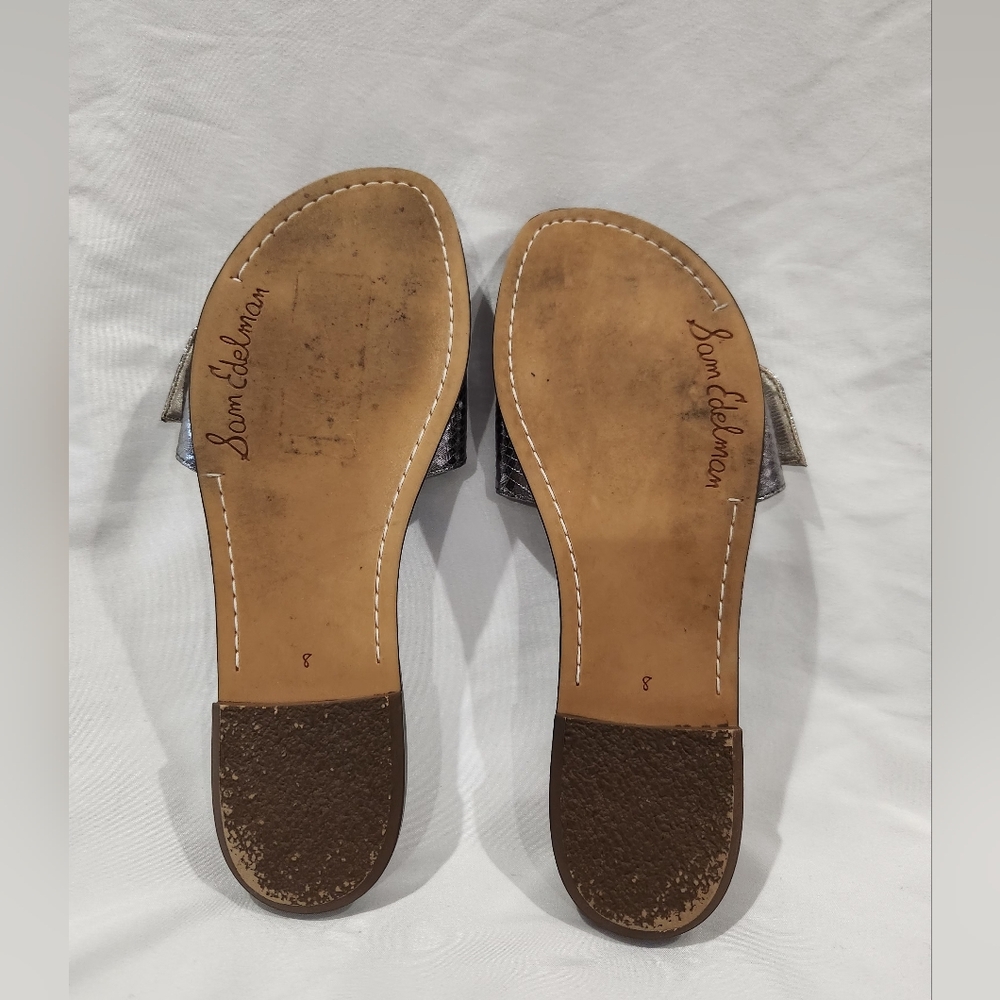 Sam Edelman Granada Snake Skin Embossed Metallic Silver Sandals With Big Buckle - Picture 7 of 8